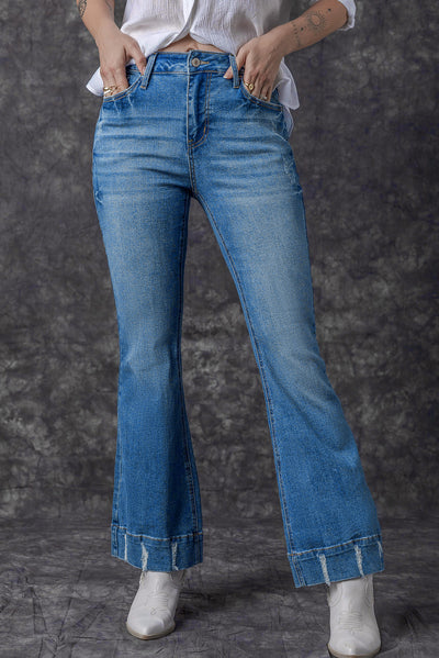 Sky Blue Slight Distressed Medium Wash Flare Jeans-Bottoms-MomFashion