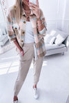 Pale Khaki Plaid Big Flap Pocket Amber Button Shacket-Outerwear-MomFashion