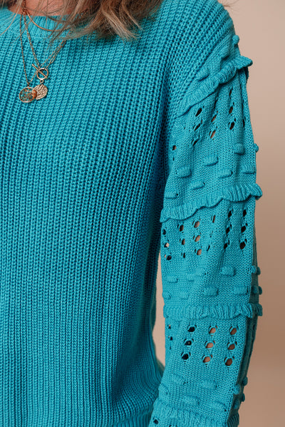 Turquoise Ruffled Eyelet Bubble Sleeve Sweater-Sweaters & Cardigans/Sweaters-MomFashion