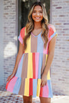 Red Multicolor Striped Color Block Tiered Mini Dress-Dresses-MomFashion