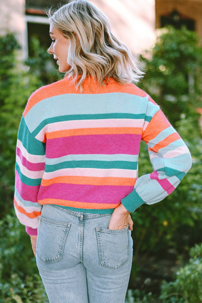 Multicolor Striped Knit Drop Shoulder Puff Sleeve Sweater-Tops-MomFashion