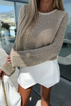 Khaki Hollow-out Knit Long Sleeve Top-Tops-MomFashion