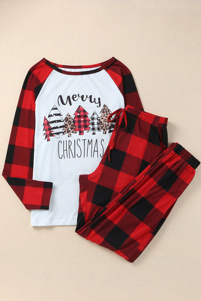 Fiery Red Plaid Merry Christmas Graphic Loungewear Set-Loungewear-MomFashion