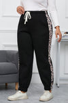 Black Plus Size Contrast Leopard Side Panel Joggers-Plus Size-MomFashion