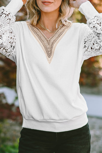 White Lace Splicing V Neck Puff Sleeve Top-Tops-MomFashion