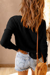 Black Waffle Knit Henley Top-Tops-MomFashion