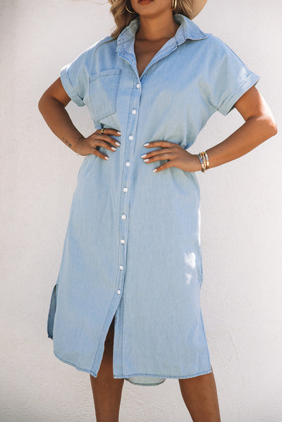 Sky Blue Chambray Shirt Short Sleeves Midi Dress-Dresses-MomFashion