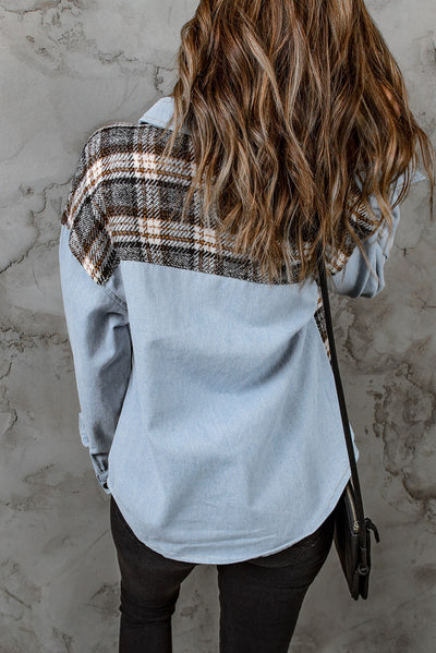 Sky Blue Plaid Patchwork Raw Hem Denim Jacket-Outerwear-MomFashion