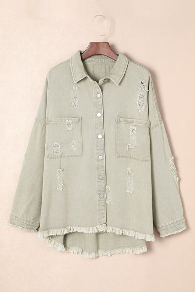 Green Distressed Fringe Trim Denim Jacket-Outerwear-MomFashion