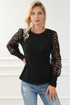 Black Leopard Mesh Puff Sleeve Patchwork Slim Fit Top-Tops-MomFashion