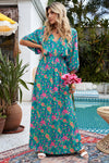 Green Boho Deep V Neck Floral Maxi Dress-Dresses-MomFashion