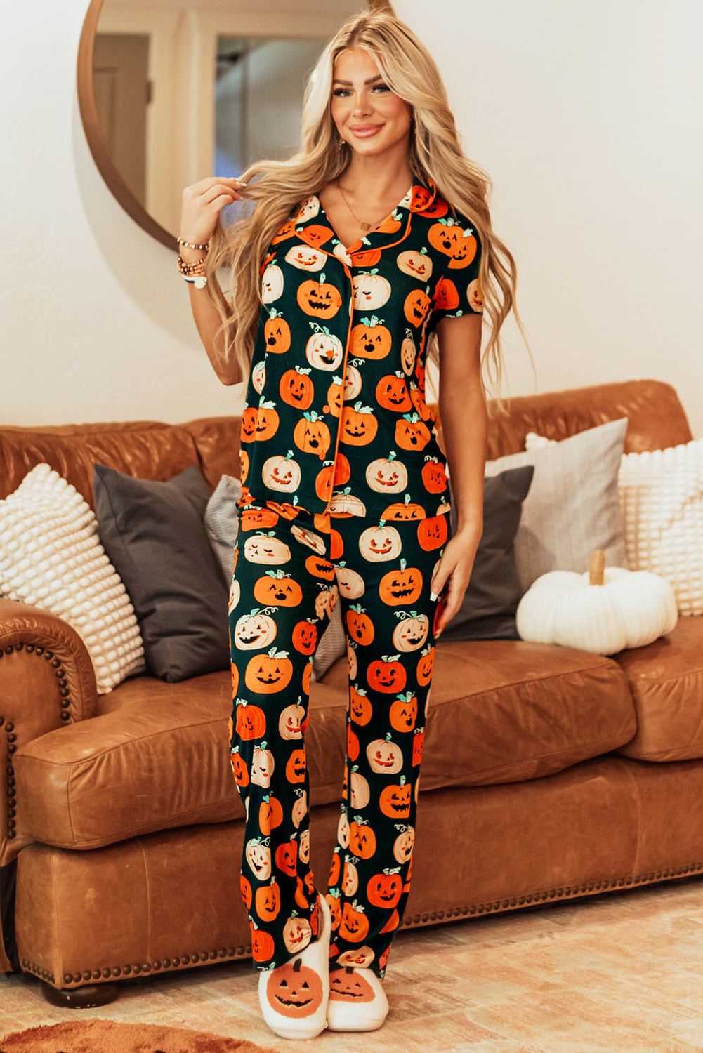Orange Halloween Pattern Short Sleeve Shirt Pajama Set-Loungewear & Sleepwear/Sleepwear-MomFashion