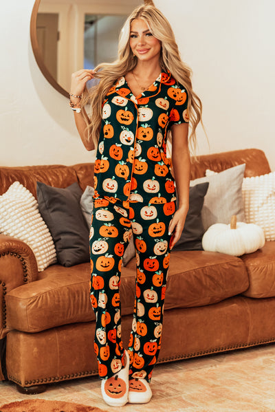 Orange Halloween Pattern Short Sleeve Shirt Pajama Set-Loungewear & Sleepwear/Sleepwear-MomFashion