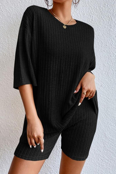 Black Plain Ribbed Loose Fit Two Piece Lounge Set-Loungewear-MomFashion