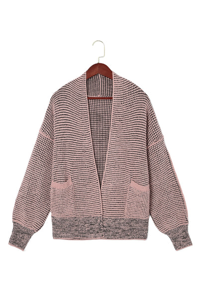 Pink Chunky Waffle Knit Oversized Collar Cardigan-Tops-MomFashion