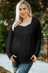 Black Lace Crochet V Neck Long Sleeve Top-Tops-MomFashion