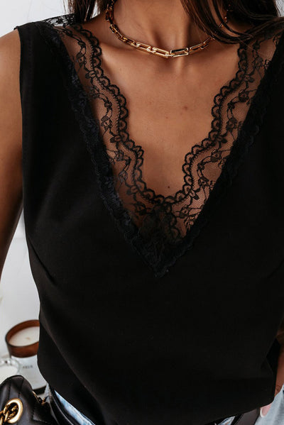 Black Lace Splicing Open Back V Neck Tank Top-Tops-MomFashion