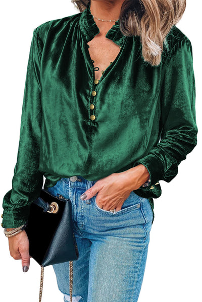 Blackish Green Frilled Neck Buttoned Front Velvet Top-Tops-MomFashion