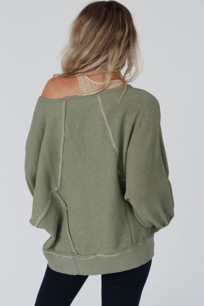 Green Exposed Seam Patchwork Dolman Sleeve Top-Tops-MomFashion