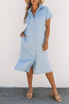 Sky Blue Chambray Shirt Short Sleeves Midi Dress-Dresses-MomFashion