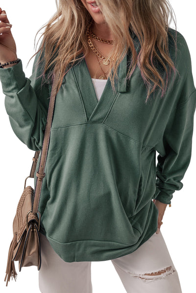 Sea Green Casual V Neck Drawstring Hoodie-Tops-MomFashion