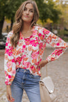 Bright White Floral Print Split V Neck Blouse-Tops-MomFashion