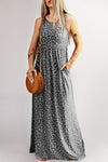 Gray Leopard Print Pocketed Sleeveless Maxi Dress-Dresses-MomFashion