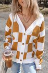 Brown Contrast Checkered Print Button Up Sweater Cardigan-Tops-MomFashion