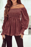 Pink Smocked Ribbed Velvet Babydoll Top-Tops-MomFashion