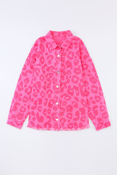 Pink Leopard Print Button Cuffs Raw Hem Jacket-Outerwear-MomFashion