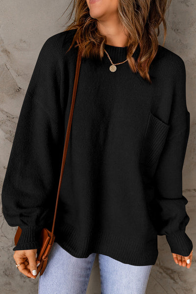 Black Solid Color Puffy Sleeve Pocketed Sweater-Tops-MomFashion