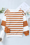 Brown Stripe Drop Shoulder Striped Pullover Sweatshirt-Tops-MomFashion