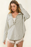 White Striped Thumbhole Drop Shoulder V Neck Top-Tops-MomFashion