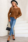 Brown Textured Knit Round Neck Dolman Sleeve Sweater-Tops-MomFashion