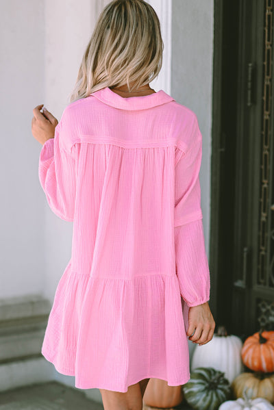 Pink Turn-down Neck Textured Bubble Sleeve Dress-Dresses-MomFashion