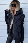 Black Quilted Zipper Front Hooded Vest Coat-Outerwear-MomFashion