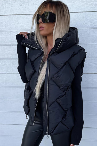 Black Quilted Zipper Front Hooded Vest Coat-Outerwear-MomFashion