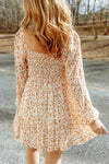 Apricot Boho Floral Smocked Puff Sleeve Mini Dress-Dresses-MomFashion