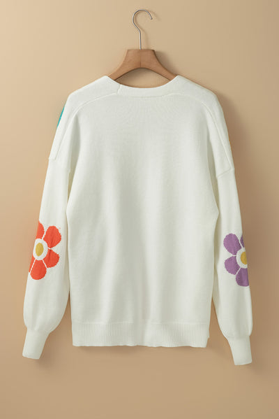 White Flower Jacquared Bubble Sleeve Open Cardigan-Tops-MomFashion