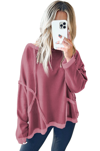 Exposed Seam Drop Shoulder Raw Hem Oversized Sweatshirt-Tops-MomFashion