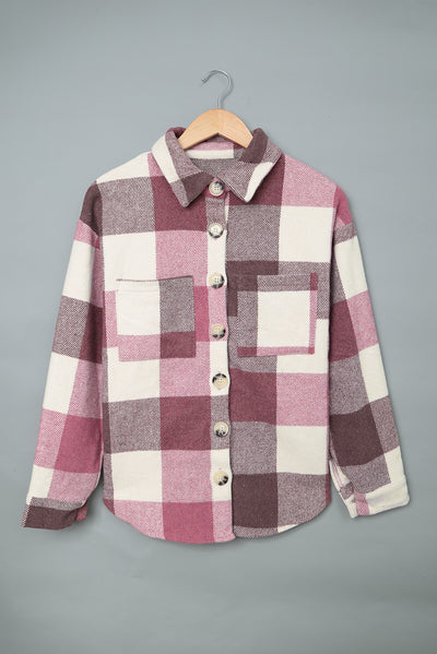 Plaid Color Block Buttoned Long Sleeve Jacket with Pocket-Outerwear-MomFashion