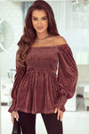 Pink Smocked Ribbed Velvet Babydoll Top-Tops-MomFashion