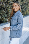 Sky Blue Roll-Up Tab Sleeve Button Down Pocket Denim Jacket-Outerwear-MomFashion