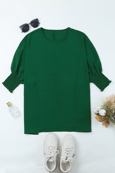 Green Smocked Wrist Shift Top-Tops-MomFashion