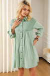 Green Patchwork Crinkle Puff Sleeve Shirt Dress-Dresses-MomFashion