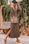 Leopard Round Neck Long Sleeve Split Dress-Dresses-MomFashion