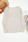 Beige Lace Crochet V Neck Long Sleeve Top-Tops-MomFashion