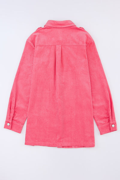 Pink Buttoned Flap Pocket Corduroy Jacket-Outerwear-MomFashion