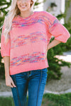 Rose Colorful Stripes 3/4 Sleeve Loose Sweater-Tops-MomFashion