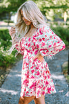 Pink Ruffle Tiered High Waist Puff Sleeve Floral Dress-Dresses-MomFashion